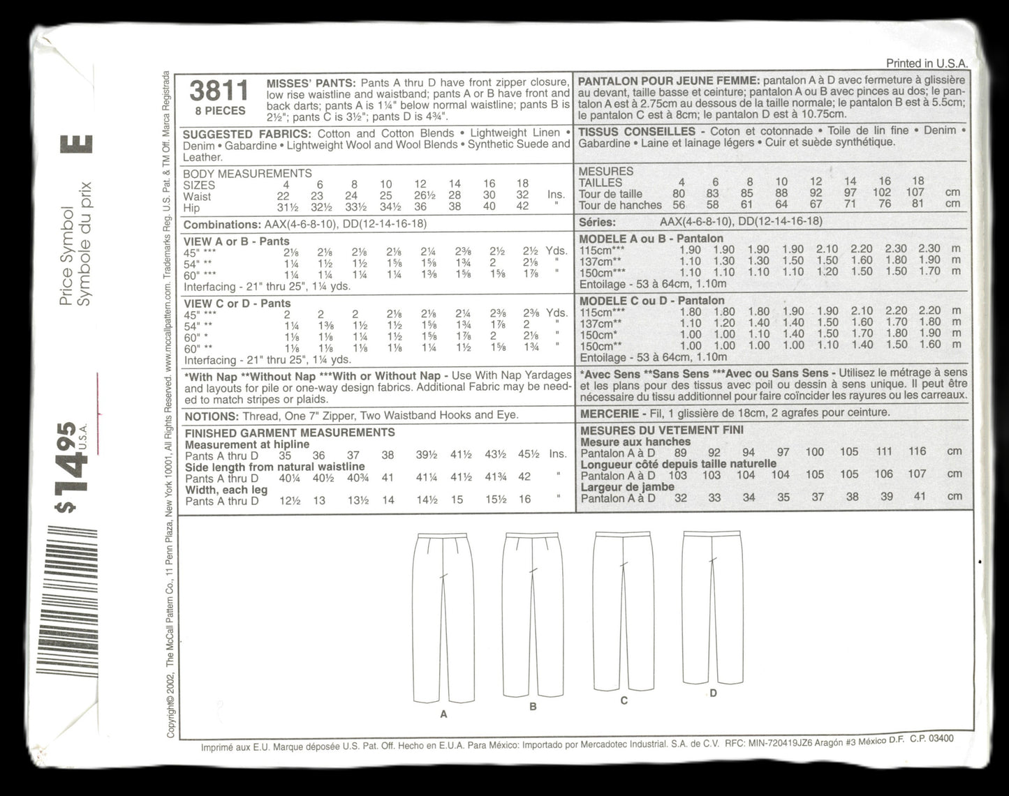 McCalls 3811 Misses Pants Sewing Pattern UNCUT Size 12 14 16 18