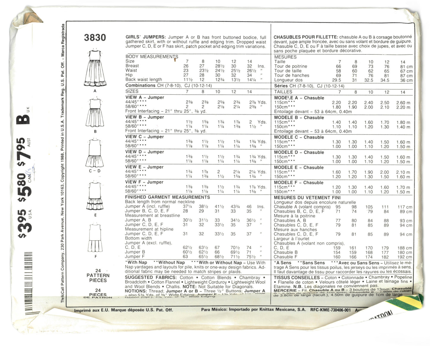 McCalls 3830 Girls Jumper Sewing Pattern UNCUT Size 7 8 10