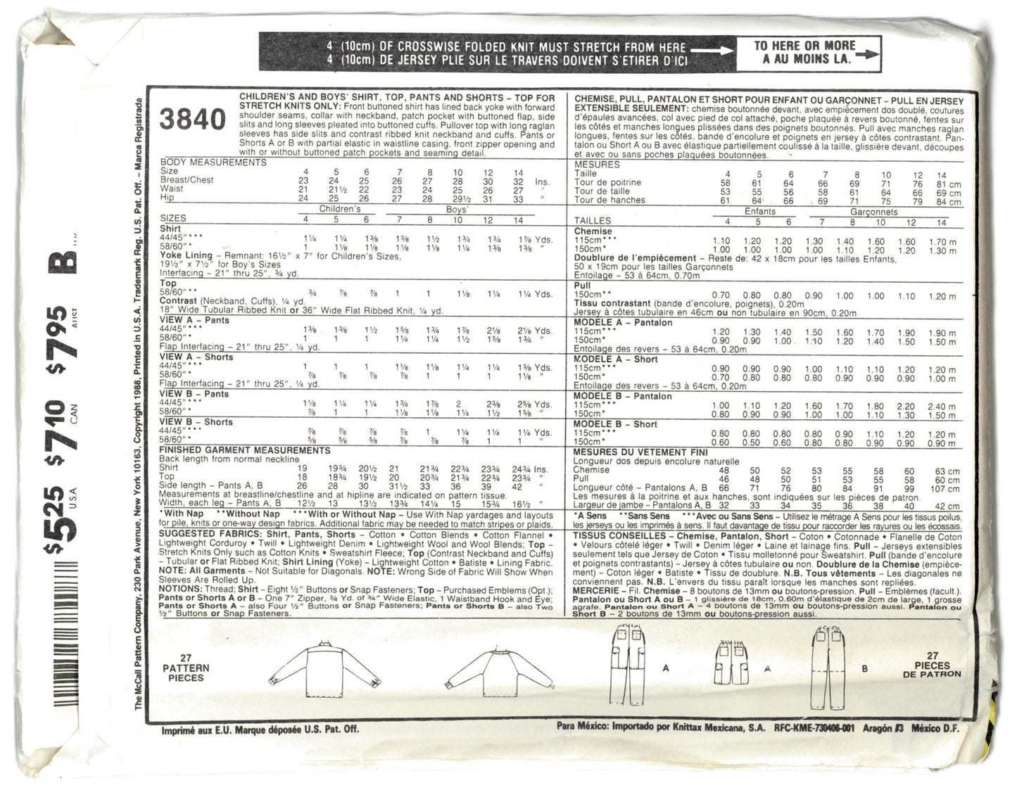 McCalls 3840 Childrens and Boys Shirt Top Pants and Shorts Sewing Pattern UNCUT Size 14