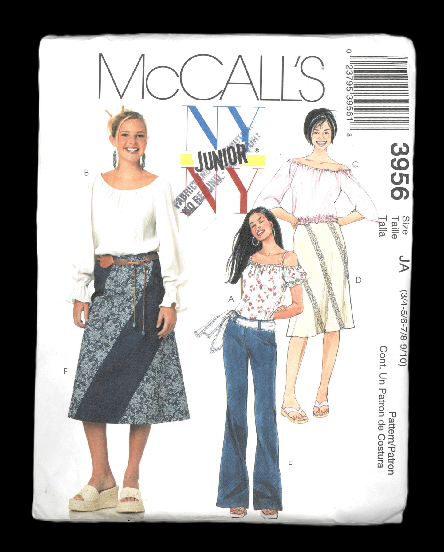 McCalls 3956  NY NY Junior's Tops Skirts Pants and Sash Sewing Pattern UNCUT Size 3/4 5/6 7/8 9/10