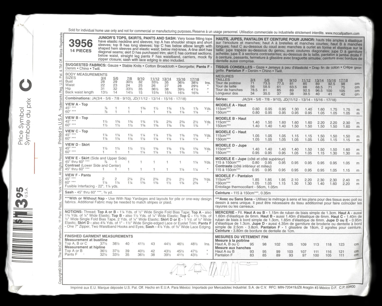 McCalls 3956  NY NY Junior's Tops Skirts Pants and Sash Sewing Pattern UNCUT Size 3/4 5/6 7/8 9/10