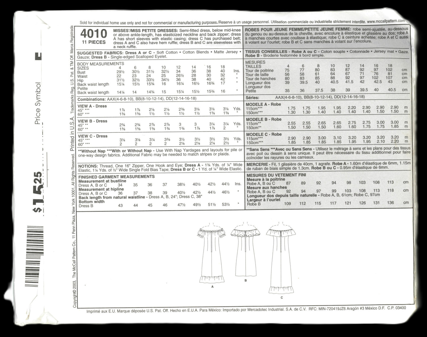 McCalls 4010 Misses / Miss Petite Dresses Sewing Pattern - UNCUT - Size 8 10 12 14