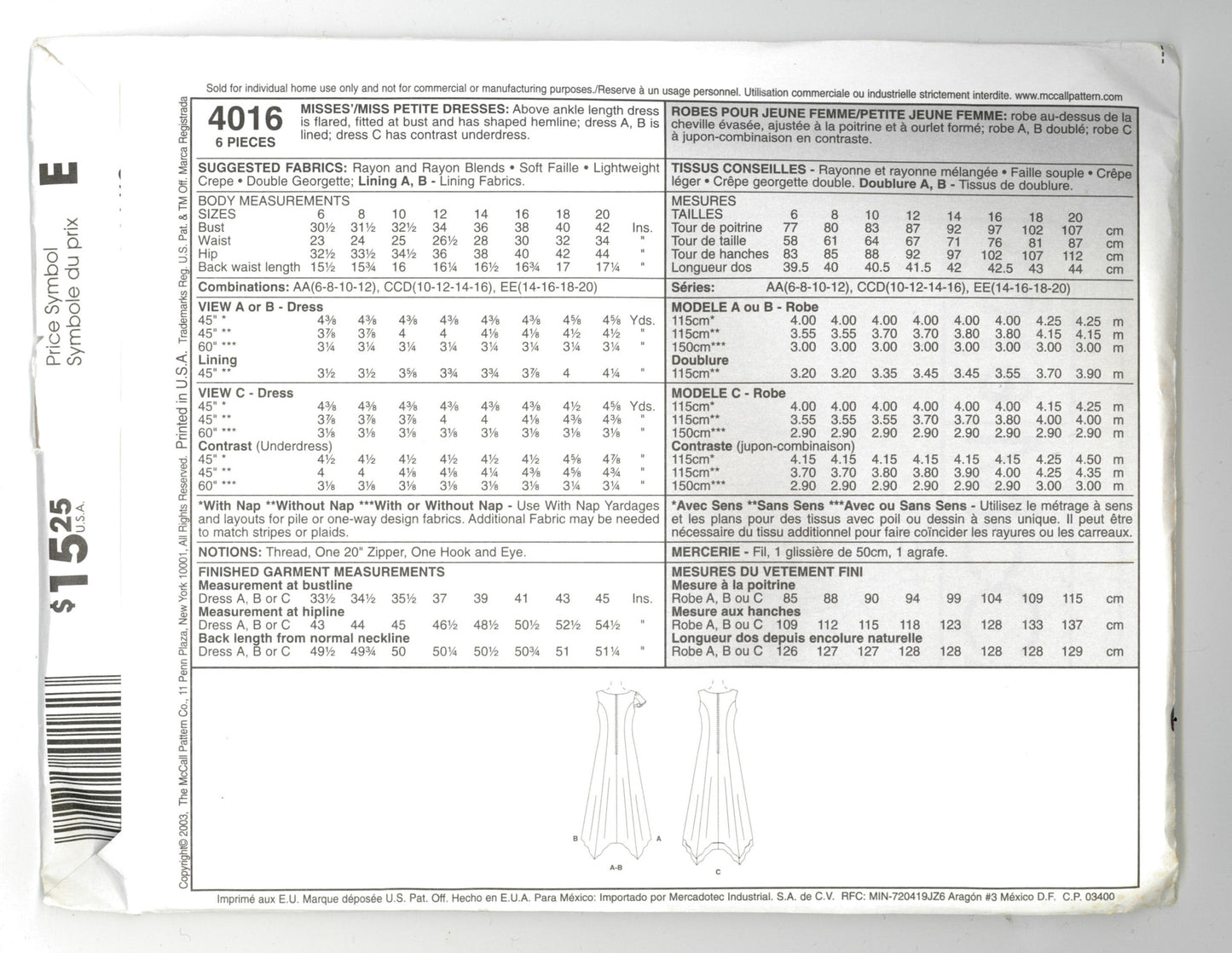 McCalls 4016 Misses / Miss Petite Dresses Sewing Pattern - UNCUT - Size 10 12 14 16