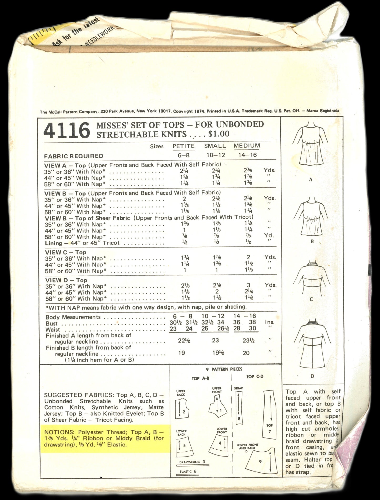 McCalls 4116 Misses Set of Tops Sewing Pattern UNCUT - Size Medium (Bust 34 - 36)