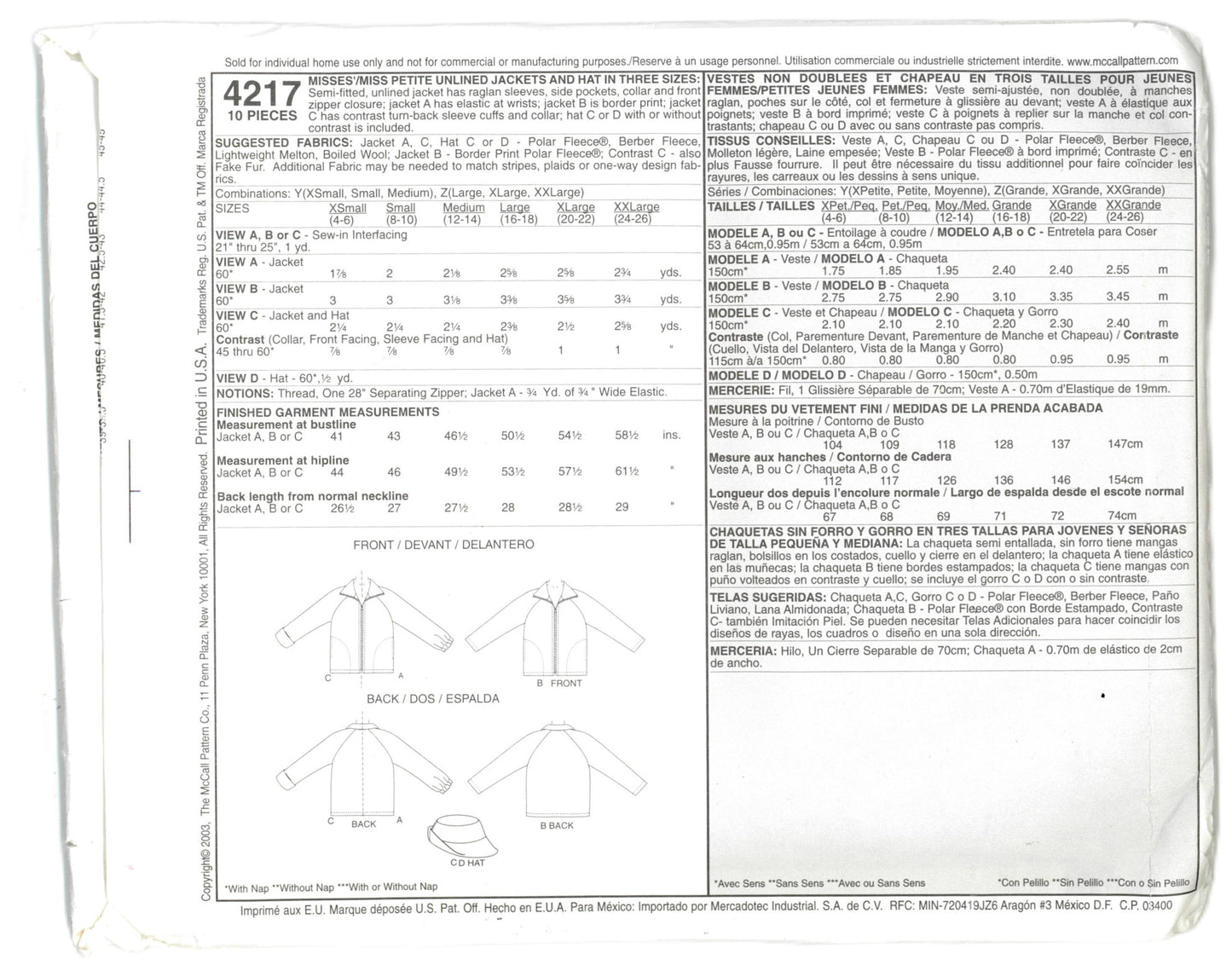 McCalls 4217 Misses / Miss Petite Unlined Jackera and Hat in Three Sizes Sewing Pattern - UNCUT Size Lrg Xlg Xxl