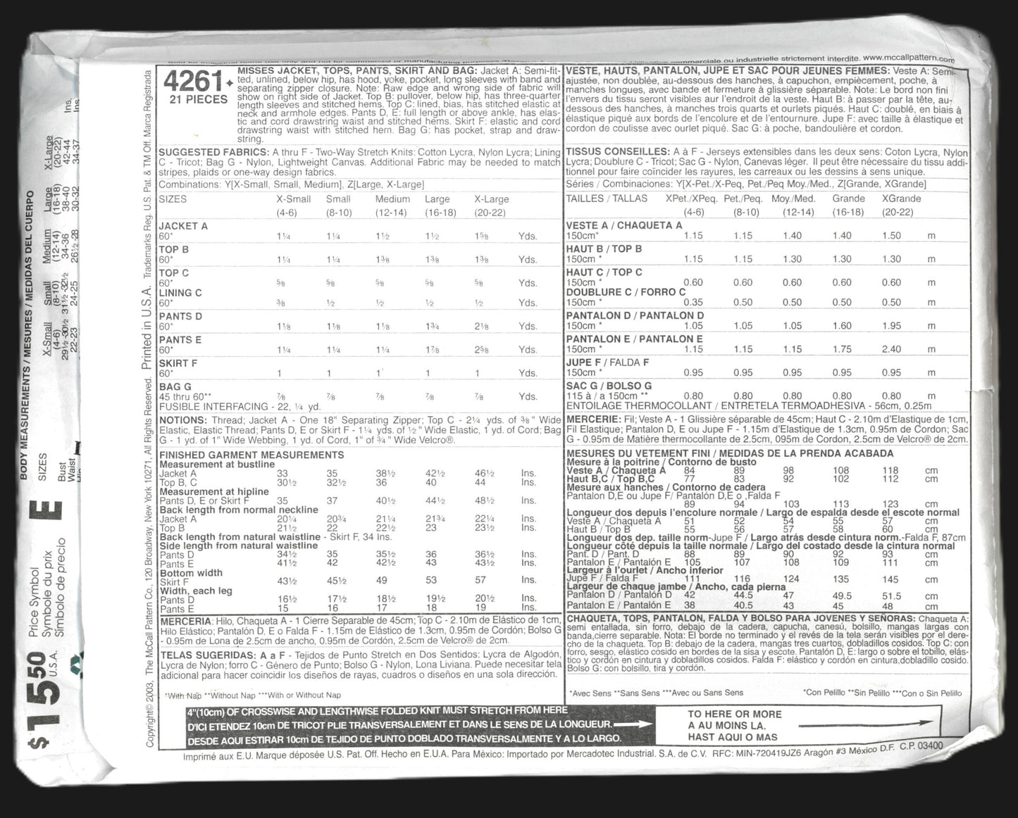 McCalls 4261 Misses Jacket Tops Pants Skirt and Bag Sewing Pattern - UNCUT - Size Lrg, Xlg