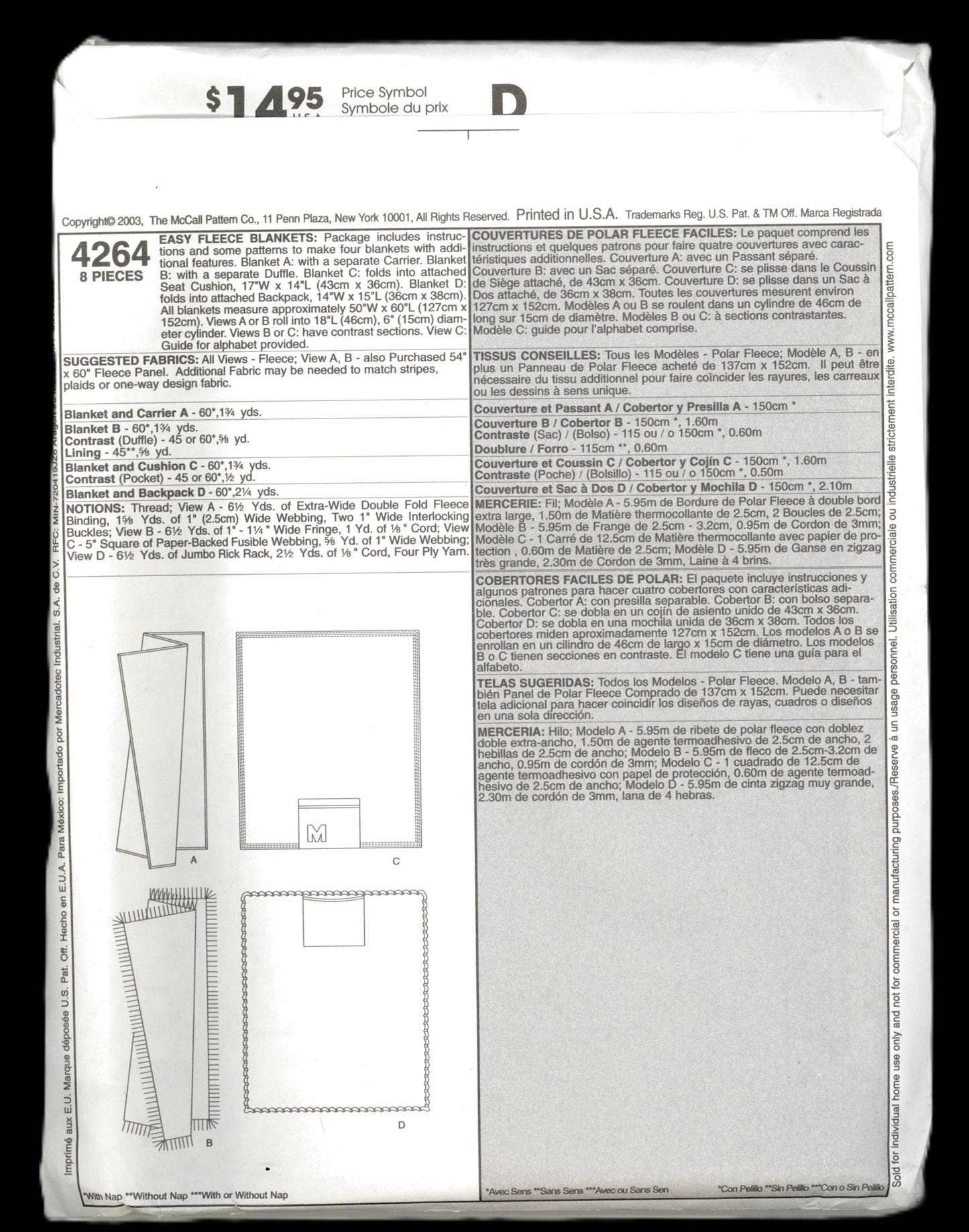 McCalls 4264 Easy Fleece Blankets Sewing Pattern - UNCUT