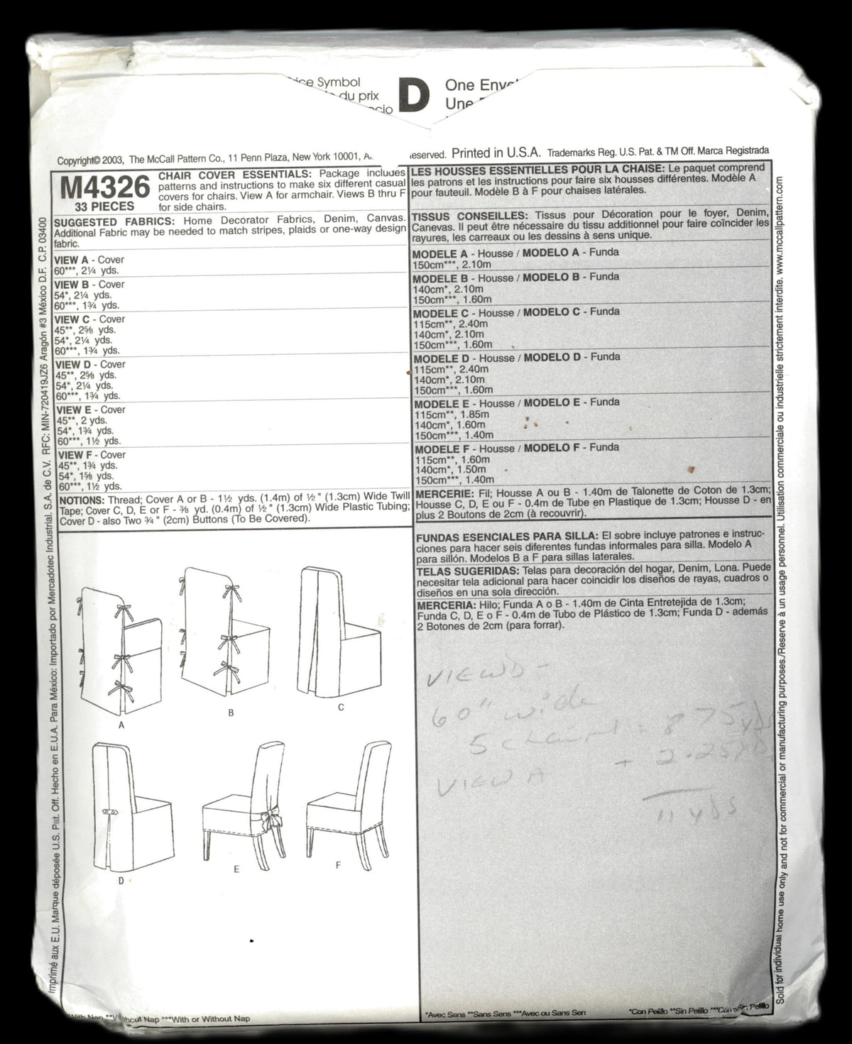McCalls 4326 Chair Cover Essentials Sewing Pattern - UNCUT