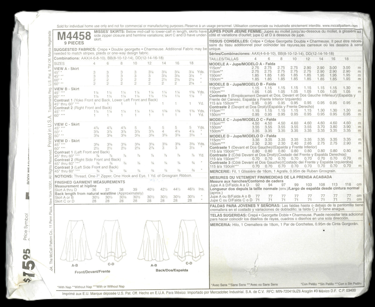 McCalls 4458 Misses Skirts Sewing Pattern UNCUT Size 12 14 16 18