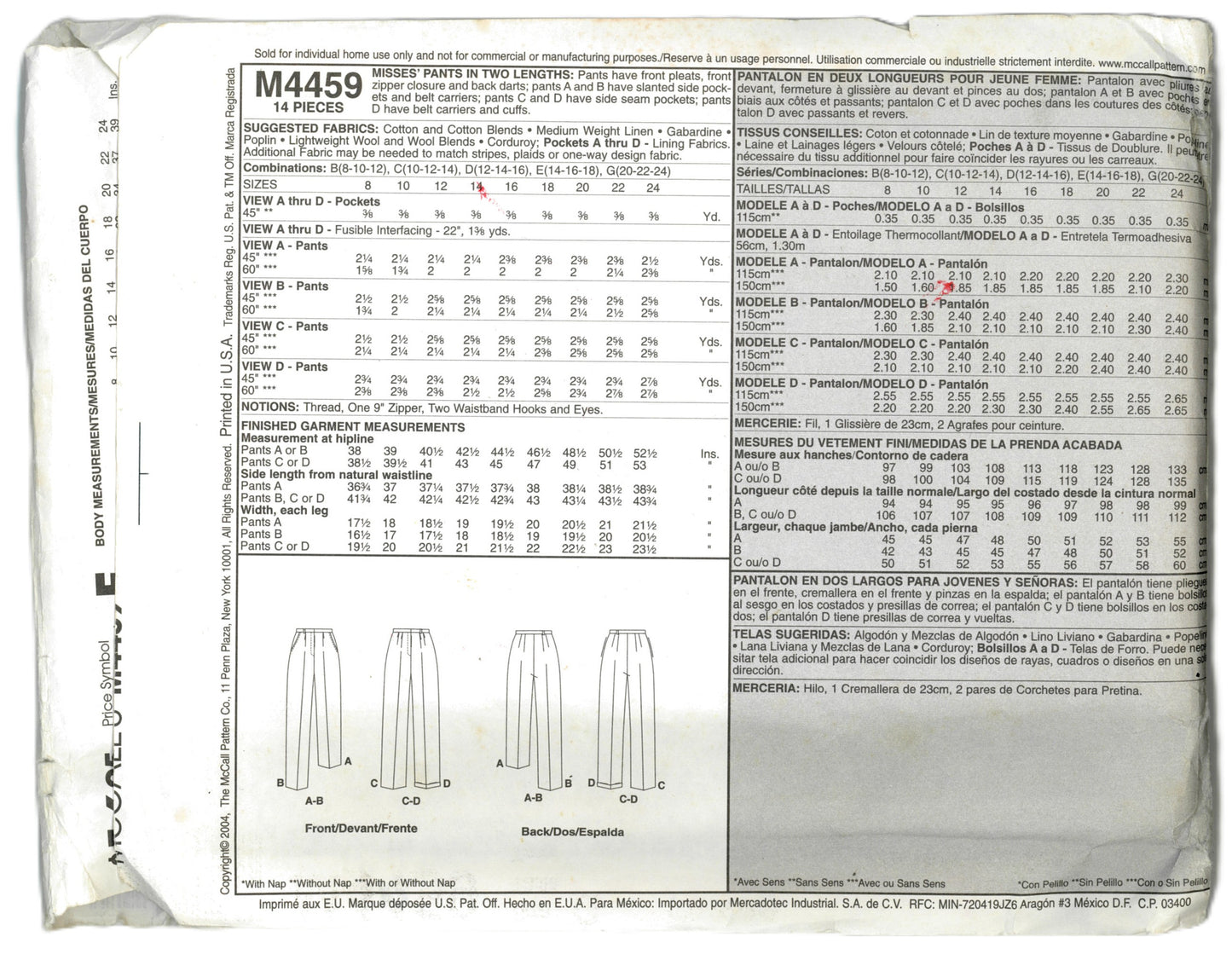 McCalls 4459 Misses Pants Sewing Pattern UNCUT Size 20 22 24