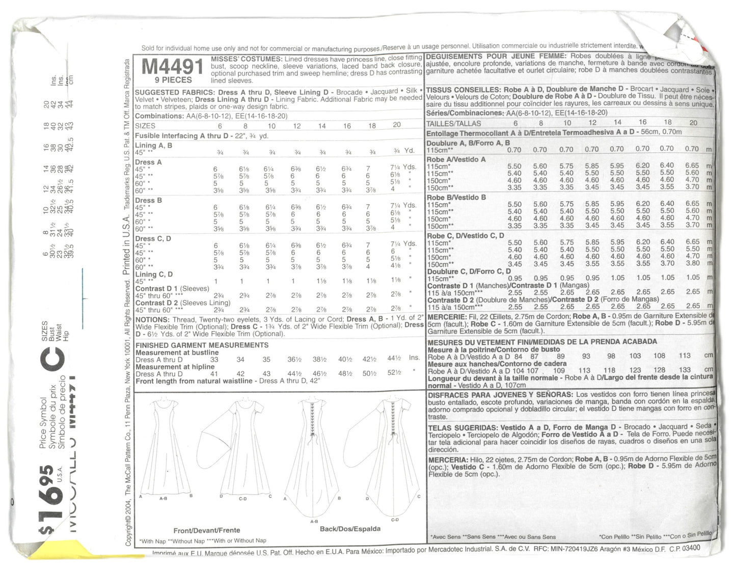 McCalls 4491 Misses Renaissance Dress Costume Sewing Pattern - UNCUT - Size 6 8 10 12