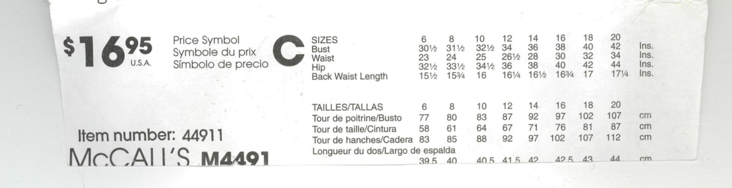 McCalls 4491 Misses Renaissance Dress Costume Sewing Pattern - UNCUT - Size 6 8 10 12