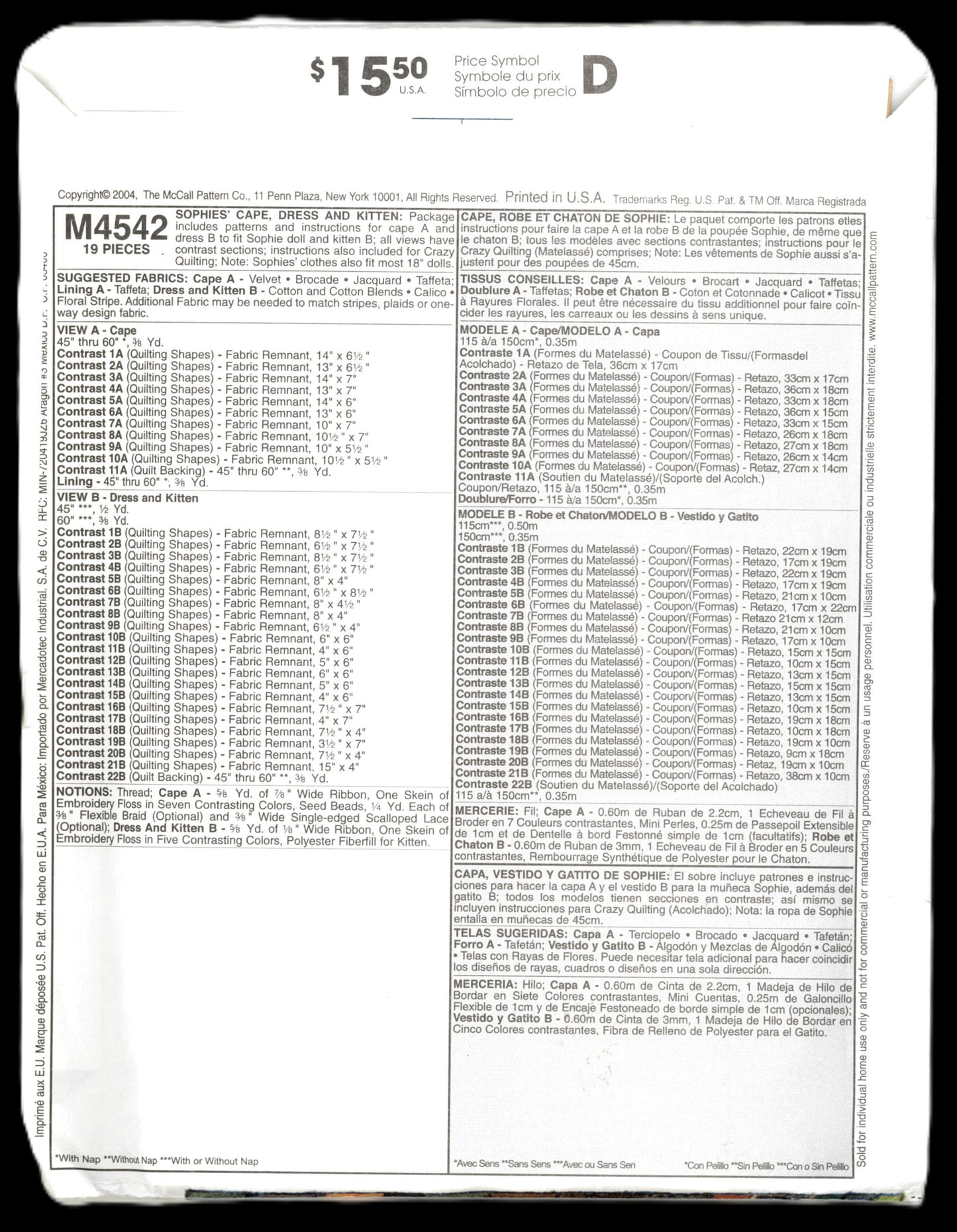 McCalls 4542 Sophies Cape Dress and Kitten Sewing Pattern - UNCUT