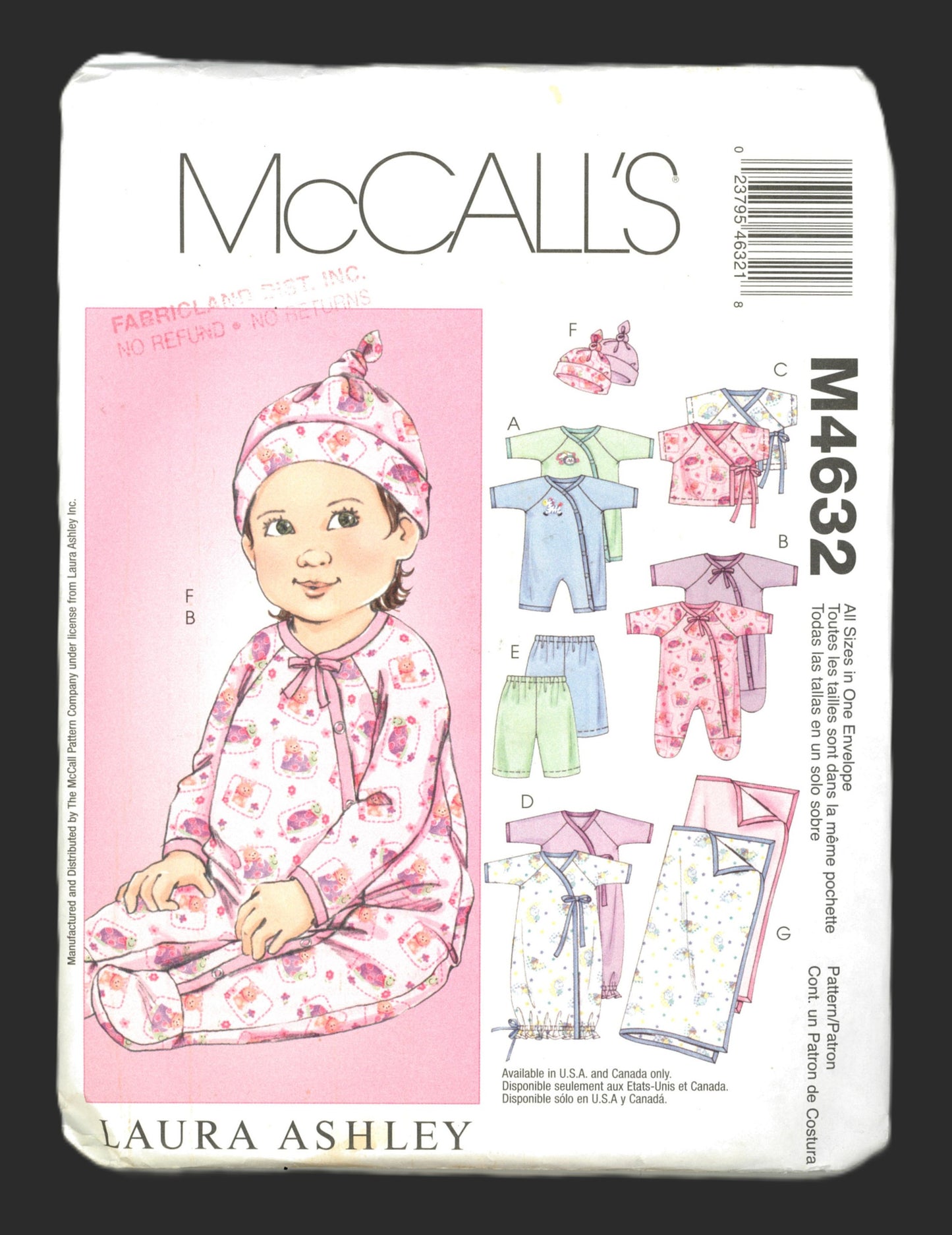 McCalls 4632 Laura Ashley Infants Jumpsuits, Top, Sack, Pants, Hat and Blanket Sewing Pattern - UNCUT - Size S M L XL