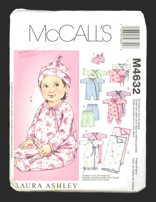 McCalls 4632 Laura Ashley Infants Jumpsuits, Top, Sack, Pants, Hat and Blanket Sewing Pattern - UNCUT - Size S M L XL