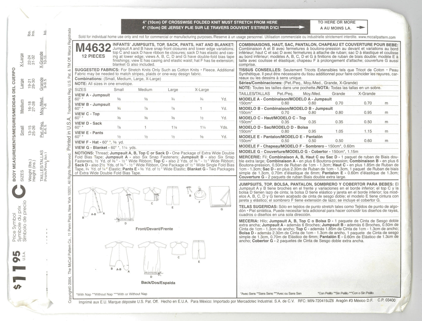 McCalls 4632 Laura Ashley Infants Jumpsuits, Top, Sack, Pants, Hat and Blanket Sewing Pattern - UNCUT - Size S M L XL