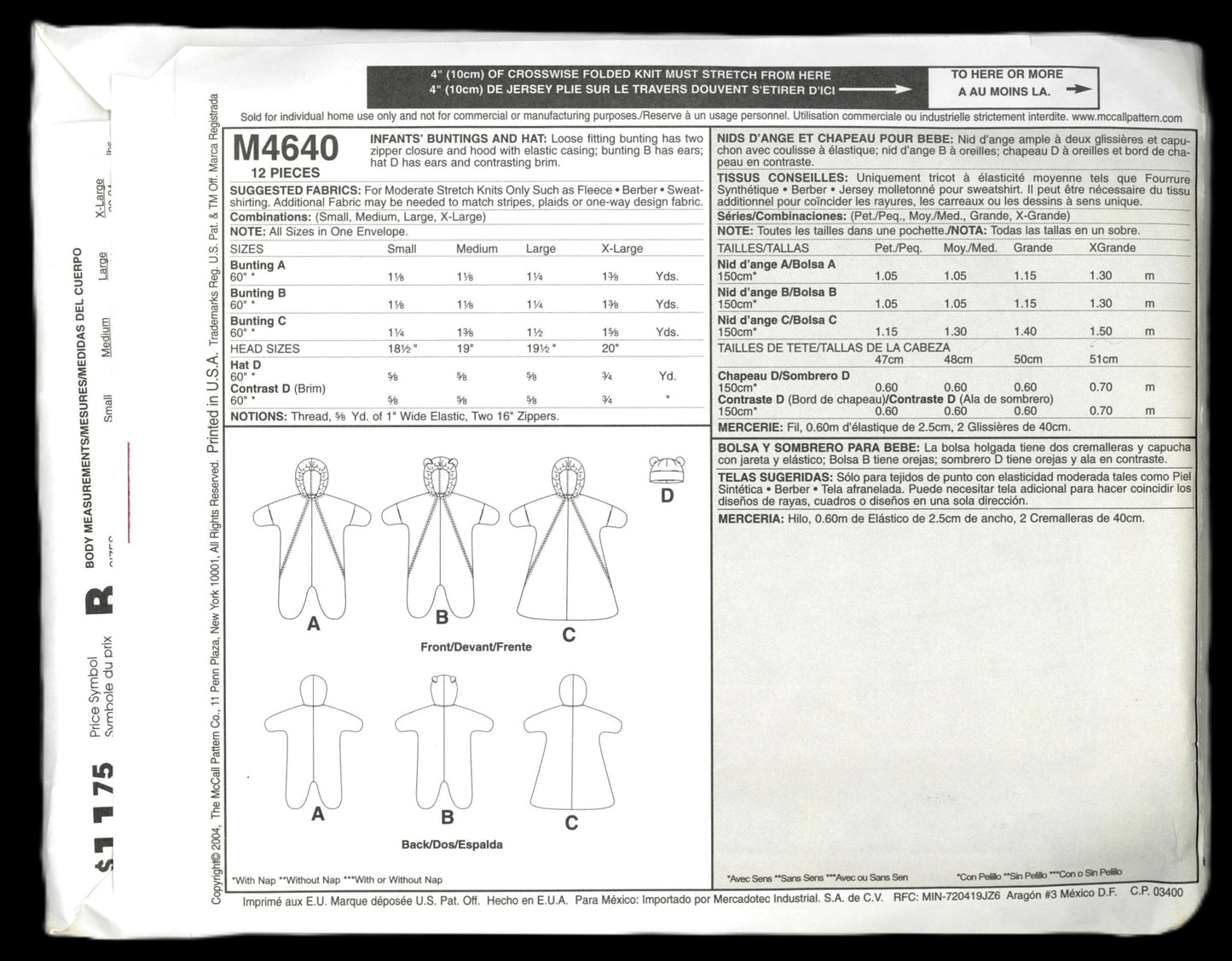 McCalls 4640 Infants Buntings and Hat Sewing Pattern - UNCUT -  Small S M L XL