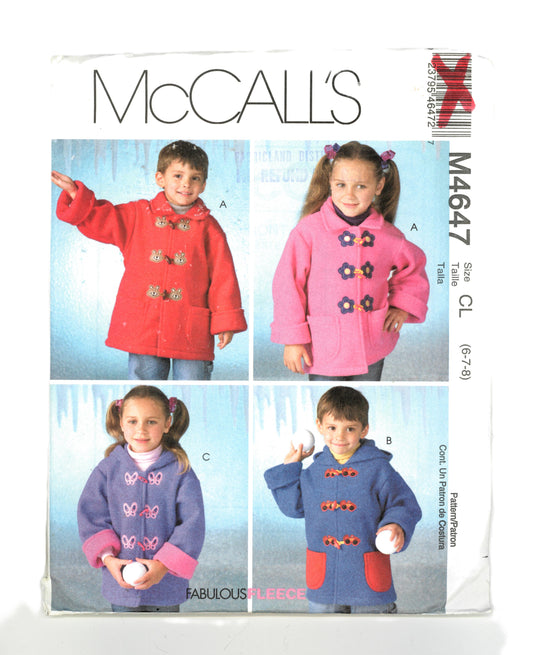 McCalls 4647 Childrens Boys and Girls Unlined Coats Sewing Pattern - UNCUT Size 6 7 8