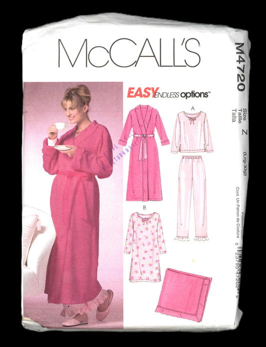 McCalls 4720 Misses / Miss Petite Robe Top Gown Pants and Blanket Sewing Pattern UNCUT Size Lrg - Xlg