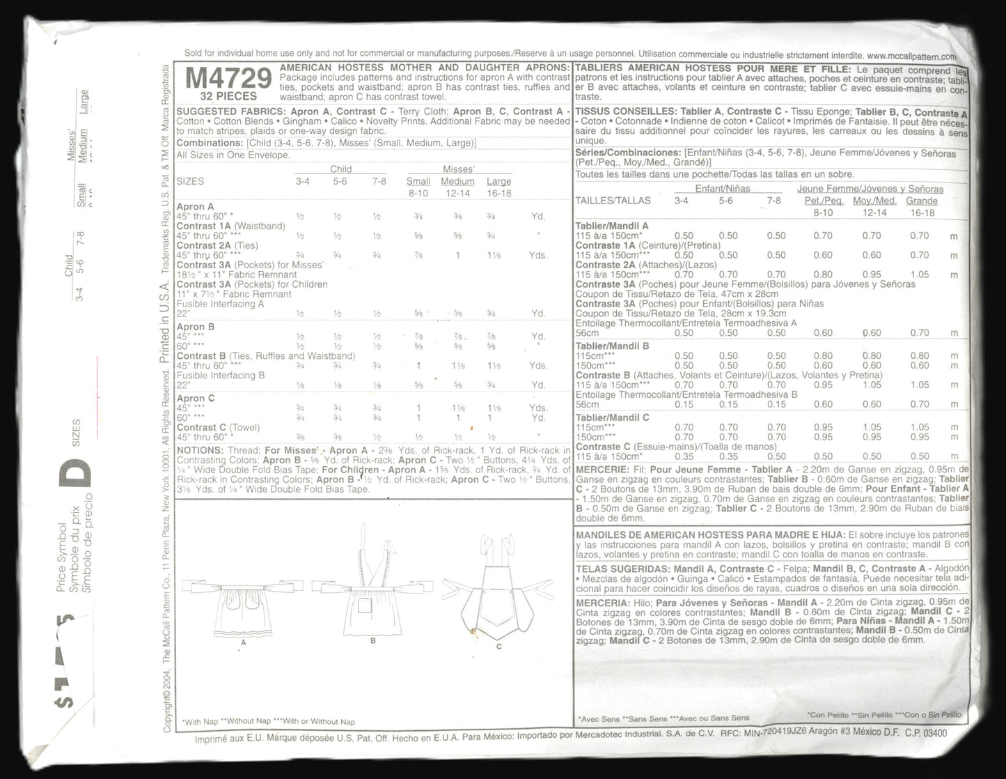 McCalls 4729 American Hostess Mother and Daughter Aprons Sewing Pattern UNCUT Childs Size 3/4 5/6 7/8 Misses Size S M L