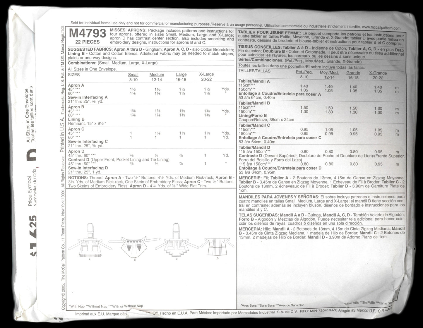 McCalls 4793 Misses Aprons Sewing Pattern - UNCUT Size Sml Med Lrg Xlg