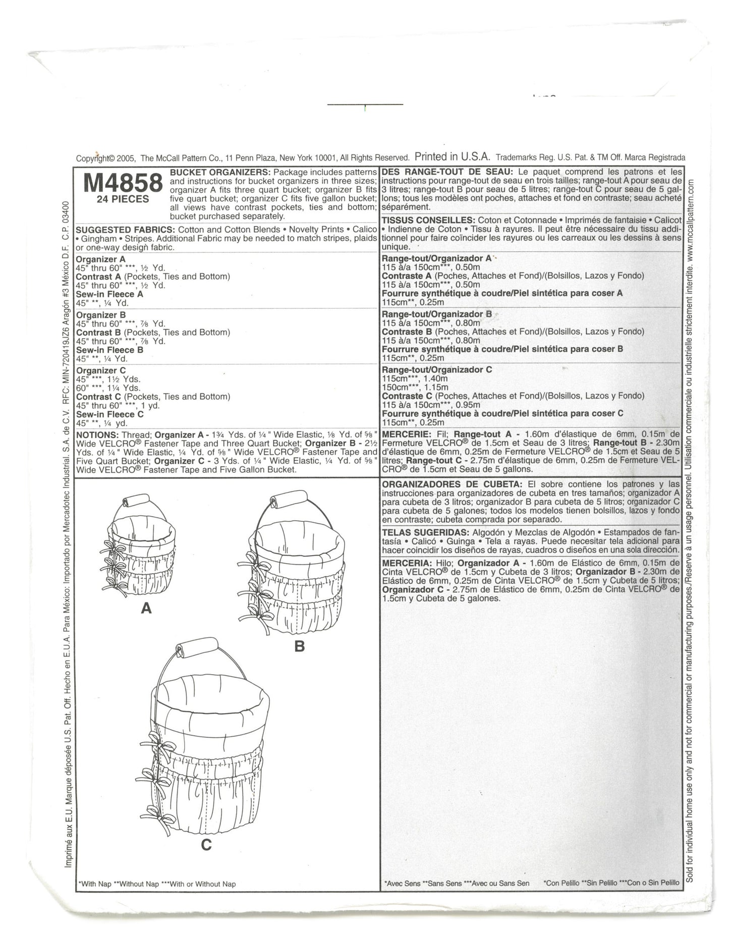 McCalls 4858 Bucket Organizers Sewing Pattern UNCUT
