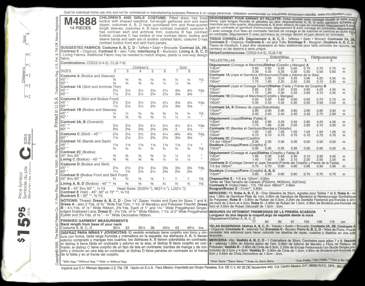 McCalls 4888 Children's Girls Princess Fairy Costume Sewing Pattern - UNCUT - Size 2 3 4 5