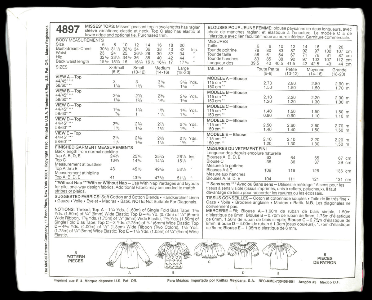 McCalls 4897 Misses Tops Sewing Pattern - UNCUT - Size Large ( 18 - 20)