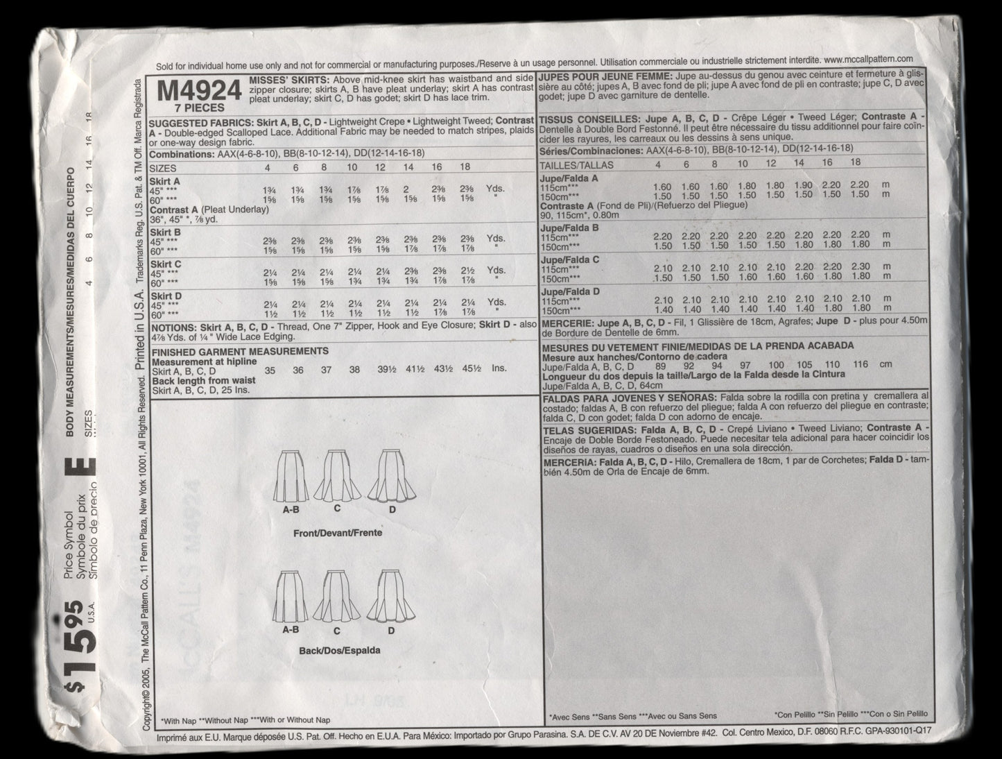McCalls 4924 Misses Skirts Sewing Pattern UNCUT Size 12 14 16 18