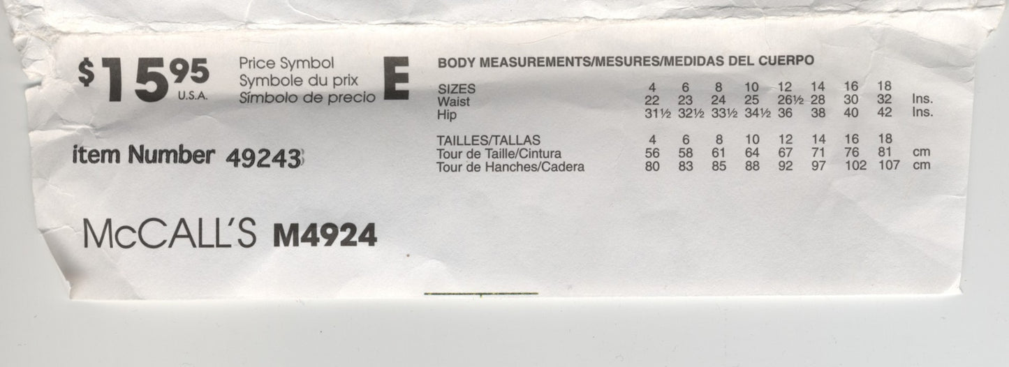 McCalls 4924 Misses Skirts Sewing Pattern UNCUT Size 12 14 16 18
