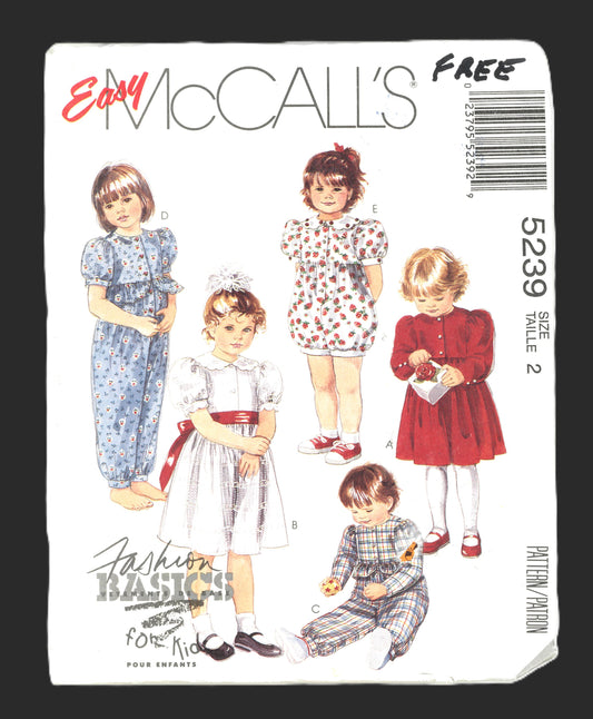 McCalls 5239 Toddlers Girls Dress and Jumpsuit or Romper Sewing Pattern - UNCUT - Size 2