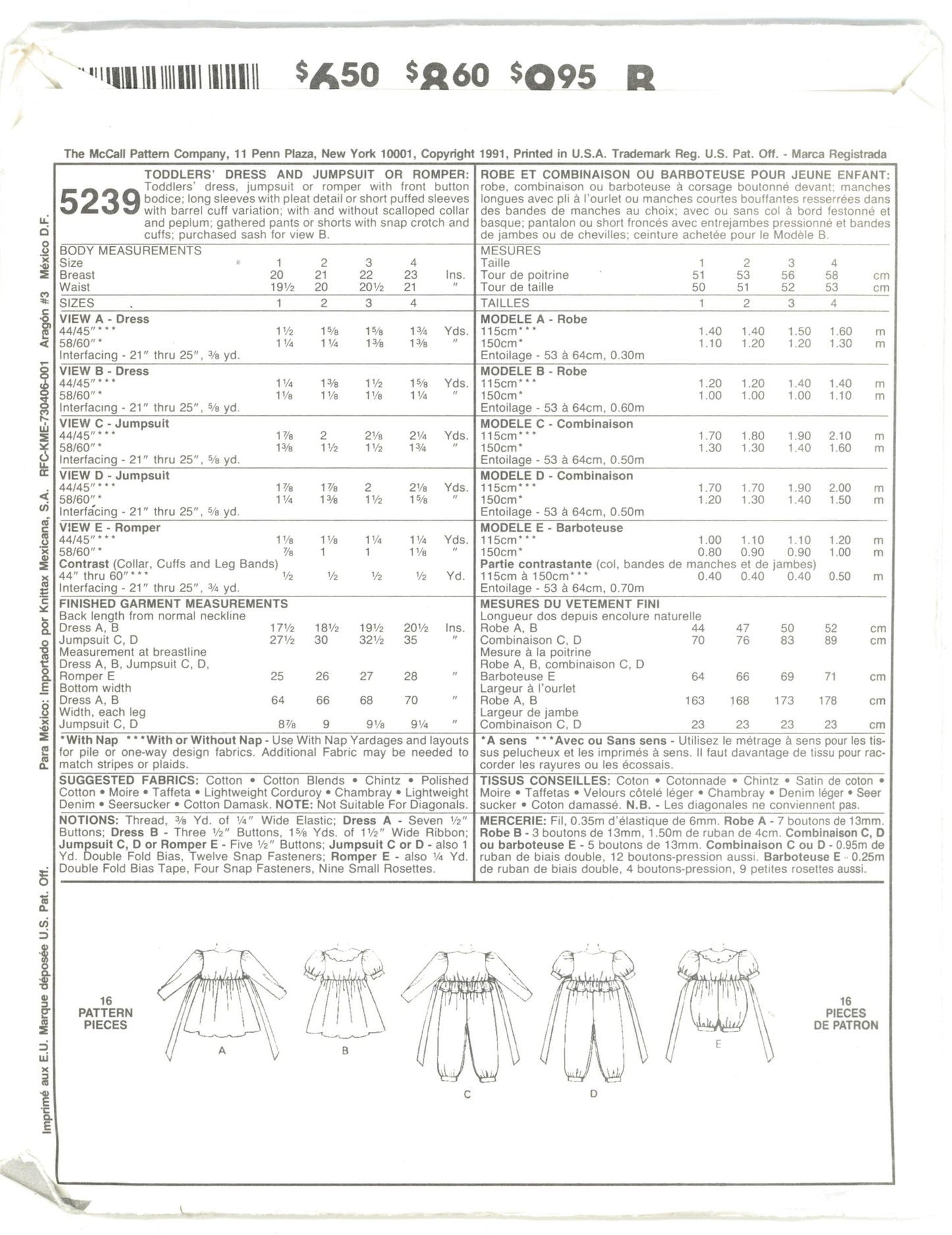 McCalls 5239 Toddlers Girls Dress and Jumpsuit or Romper Sewing Pattern - UNCUT - Size 2
