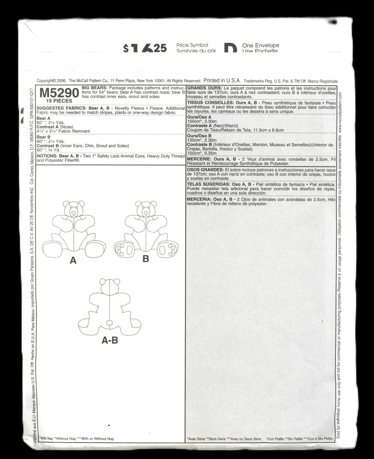McCalls 5290 Big Bears Sewing Pattern UNCUT