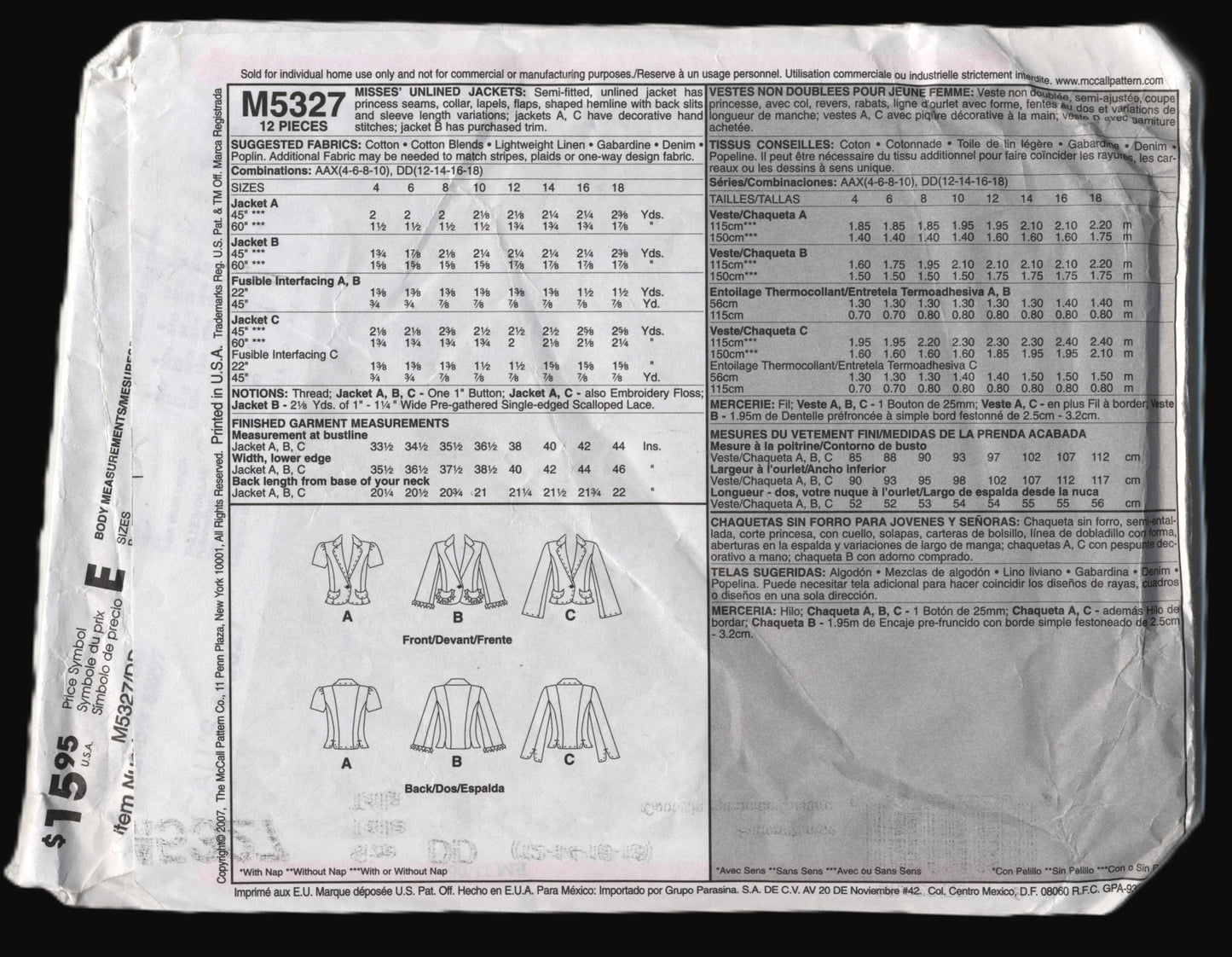 McCalls 5327 Misses Unlined jacket Sewing Pattern - UNCUT Size 12 14 16 18