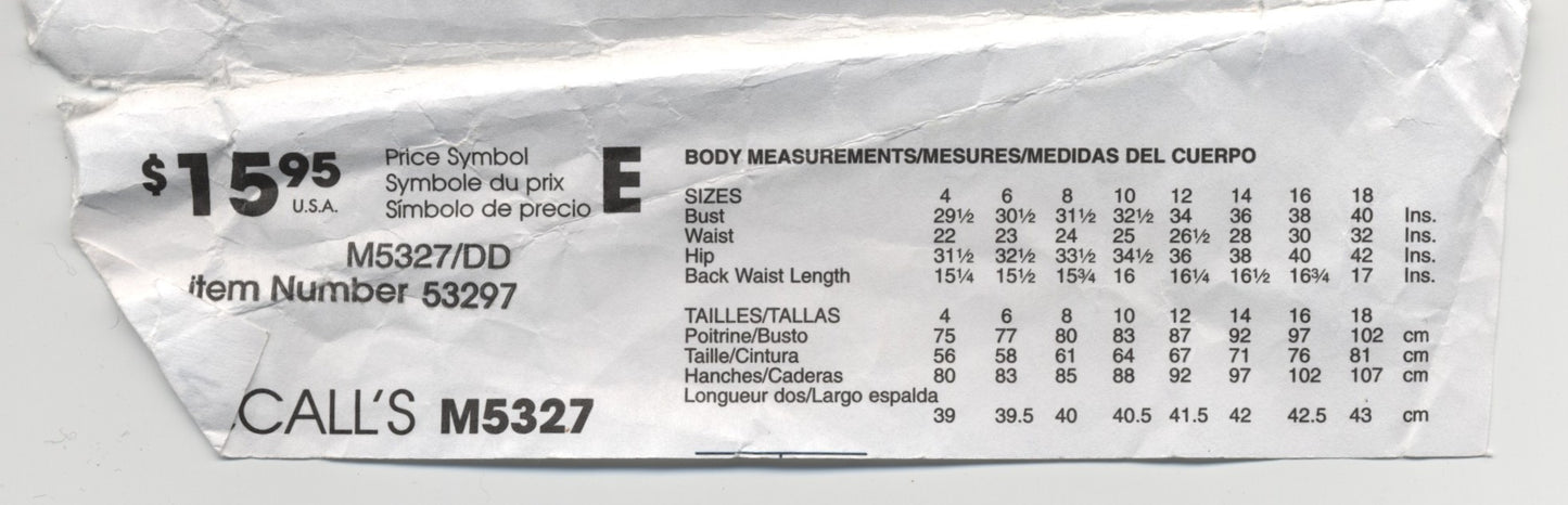 McCalls 5327 Misses Unlined jacket Sewing Pattern - UNCUT Size 12 14 16 18