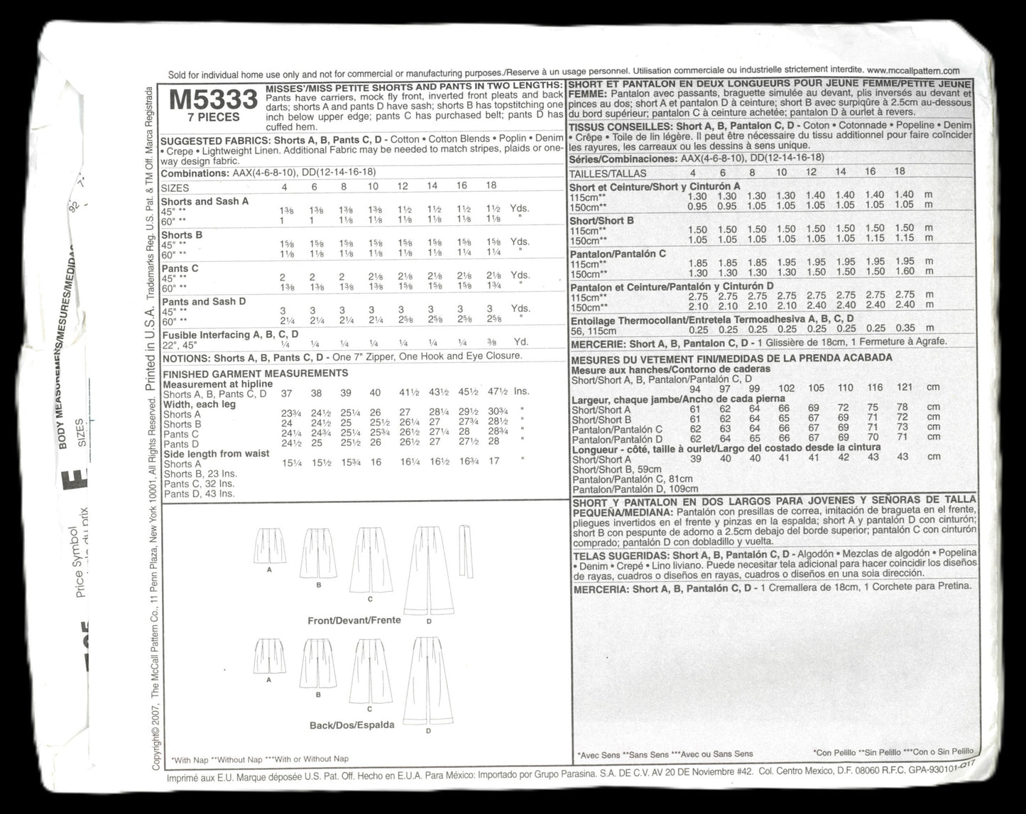 McCalls 5333 Misses / Miss Petite Shorts and Pants in Two Lengths Sewing Pattern UNCUT Size 4 6 8 10