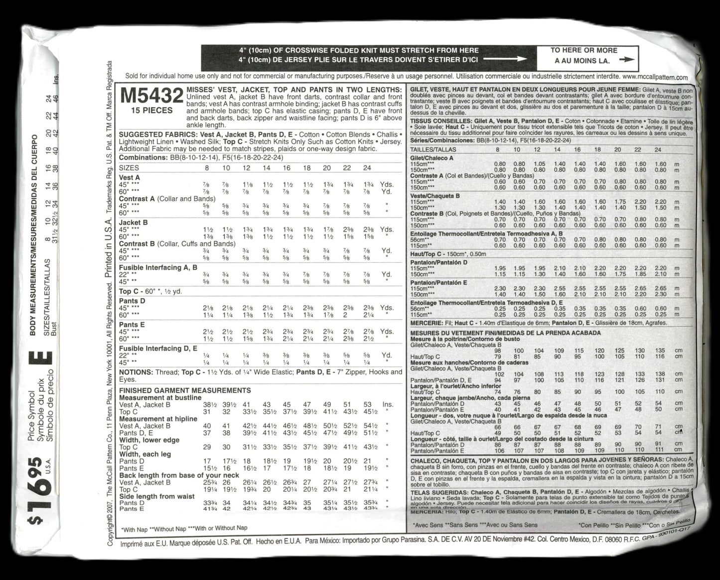 McCalls 5432 Misses Vest Jacket Top and Pants in Two Lengths Sewing Pattern UNCUT Size 16 18 20 22 24