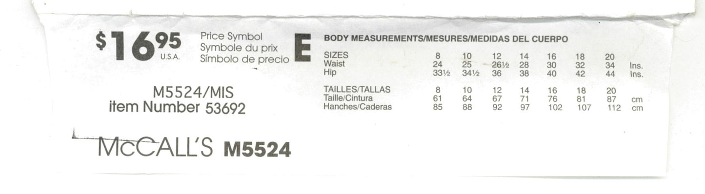 McCalls 5524 Nancy Zieman  Misses  /Miss Petite Skirts Sewing Pattern UNCUT Size 8 10 12 14 16 18 20