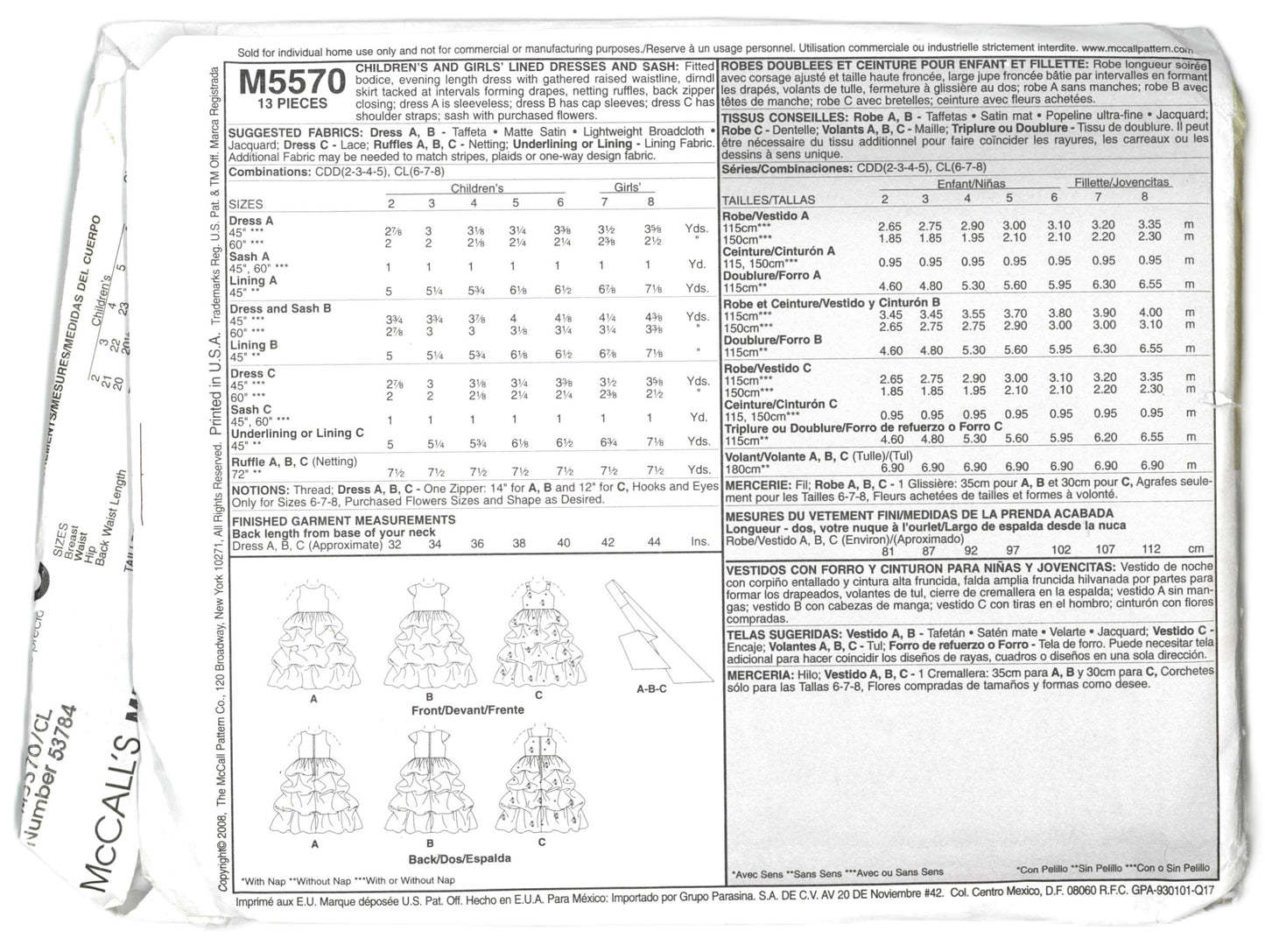 McCalls 5570 Children's Girls Lined Dresses and Sash Sewing Pattern UNCUT Size 6 7 8