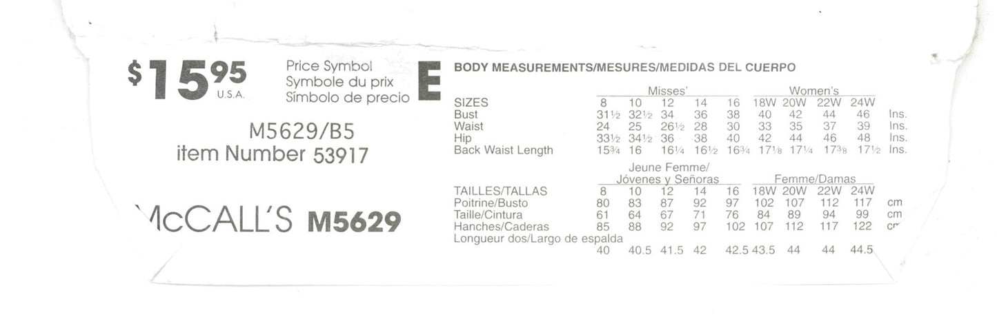 McCalls 5629 Misses Tops and Dress Sewing Pattern - UNCUT - Size 8 10 12 14 16