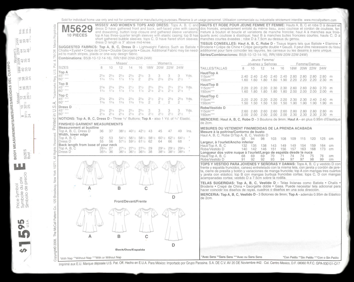 McCalls 5629 Misses Tops and Dress Sewing Pattern - UNCUT - Size 8 10 12 14 16