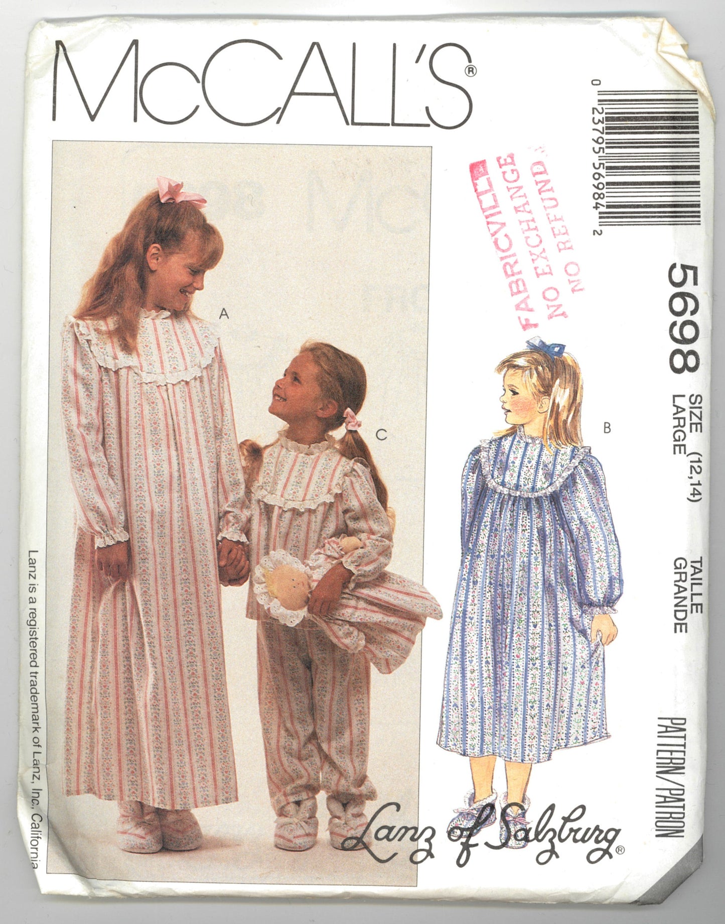 McCalls 5698 Lanz of Salzberg Childrens and Girls Sleepwear, Booties and Doll Sewing Pattern UNCUT Size Large ( 12,14)