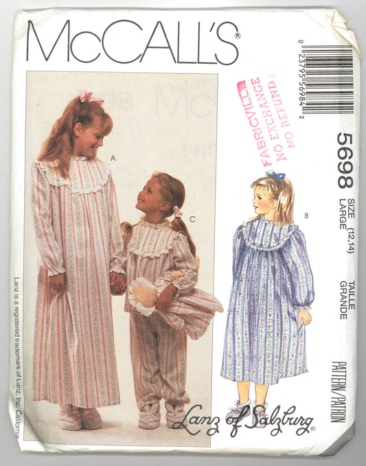 McCalls 5698 Lanz of Salzberg Childrens and Girls Sleepwear, Booties and Doll Sewing Pattern UNCUT Size Large ( 12,14)