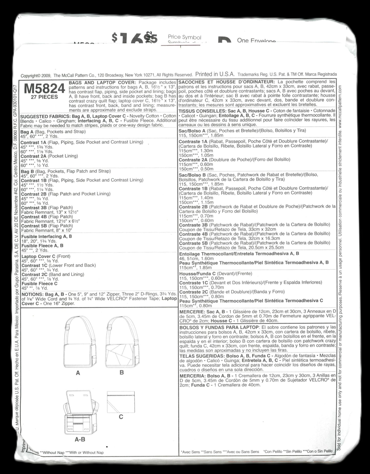 McCalls 5824 Bags and Laptop Cover Sewing Pattern - UNCUT
