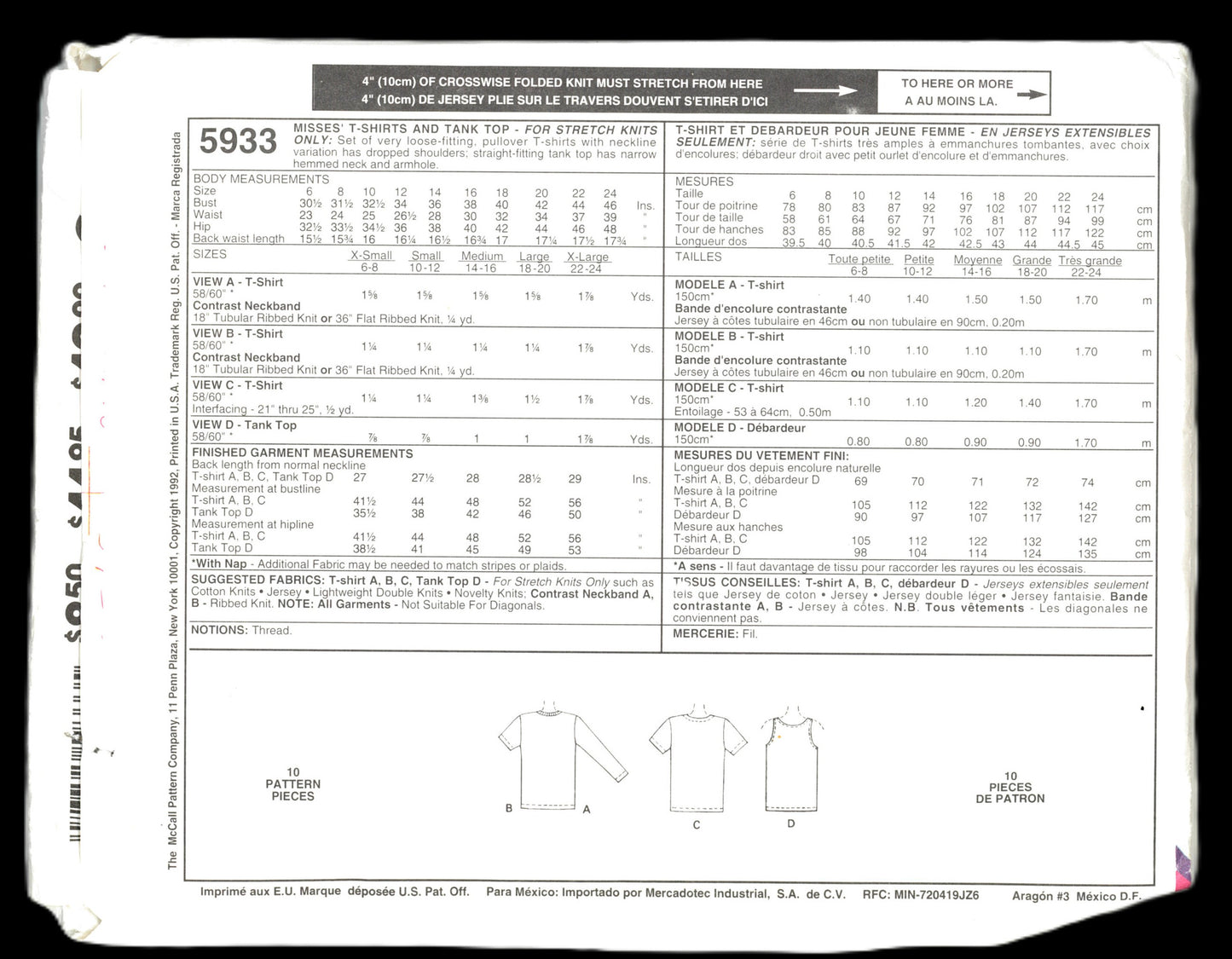 McCalls 5933 Misses T Shirts and Tank Top - For stretch Knits Only Sewing Pattern UNCUT - Size Medium