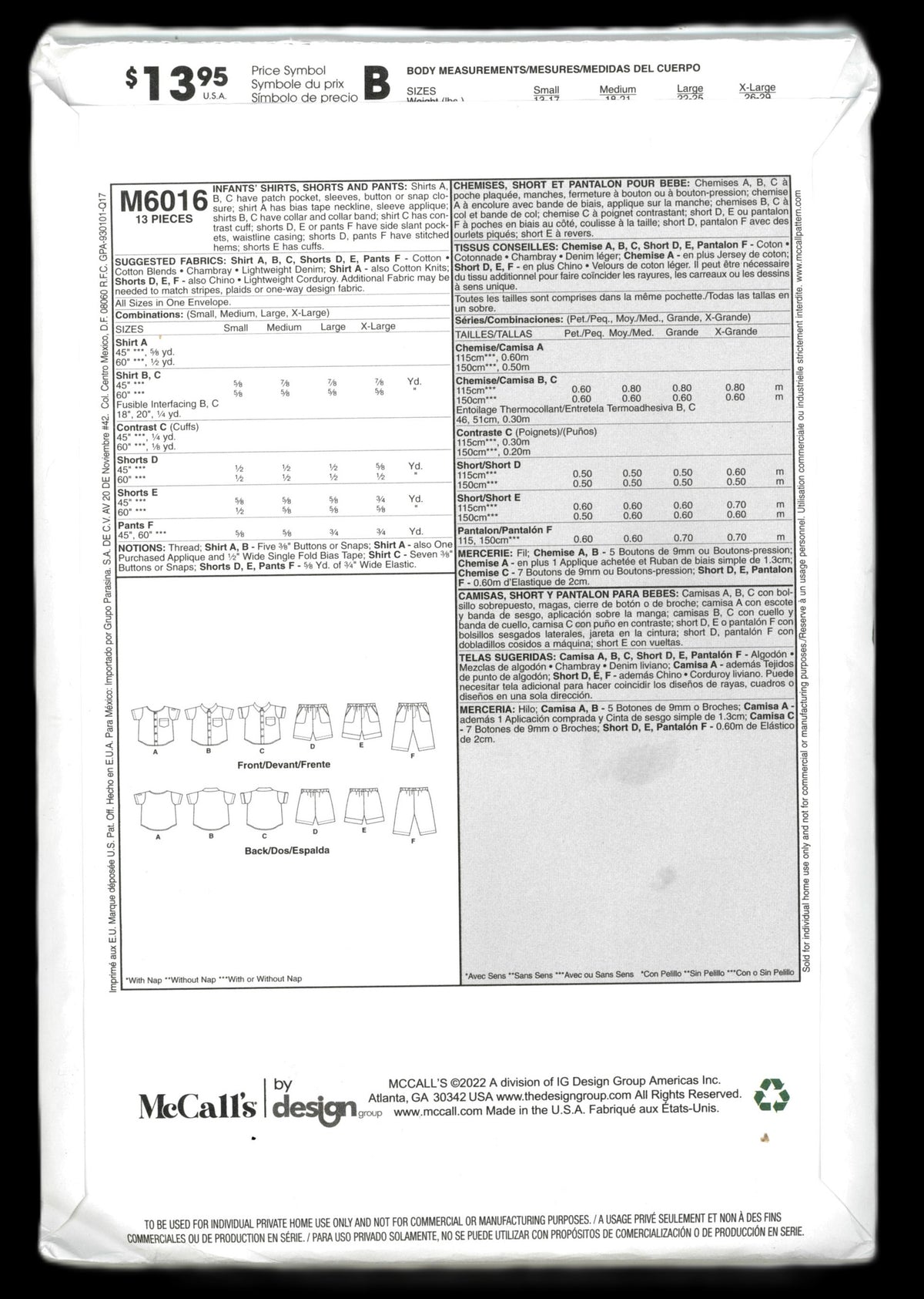 McCalls 6016 Infants Shirts Shorts and Pants Sewing Pattern - UNCUT - Size S M L XL