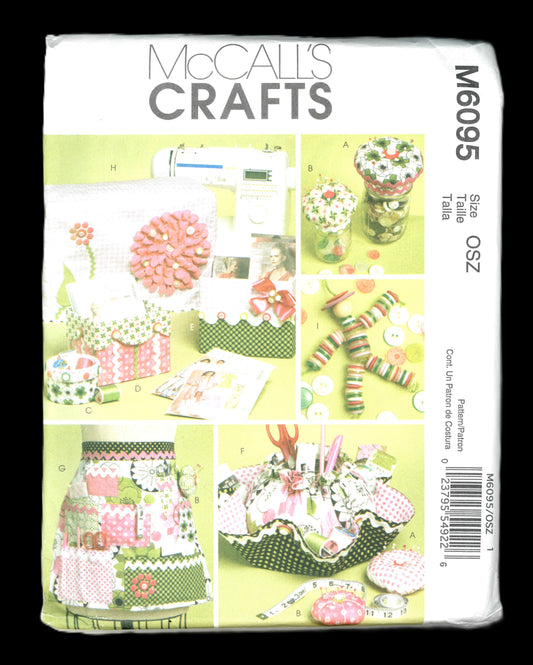 McCalls 6095 Sewing Machine Cover, Apron, Pattern Boxes, Container Organizer, Pin Cushion and Button Doll Sewing Pattern - UNCUT