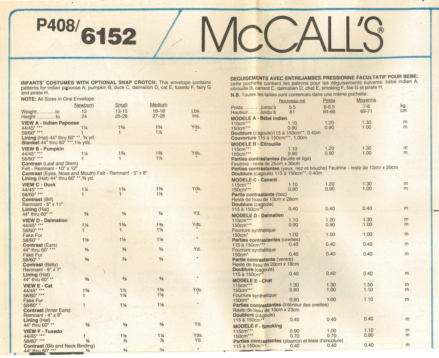 McCalls 6152 Infants Indian Papoose, Duck, Pumpkin, Dalmation, Cat and Tuxedo Costumes with Optional Snap Crotch Sewing Pattern - UNCUT - Size NB Sml Med