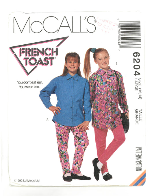 McCalls 6204 French Toast Girls Shirt and Pants Sewing Pattern - UNCUT - Size Large (12,14)