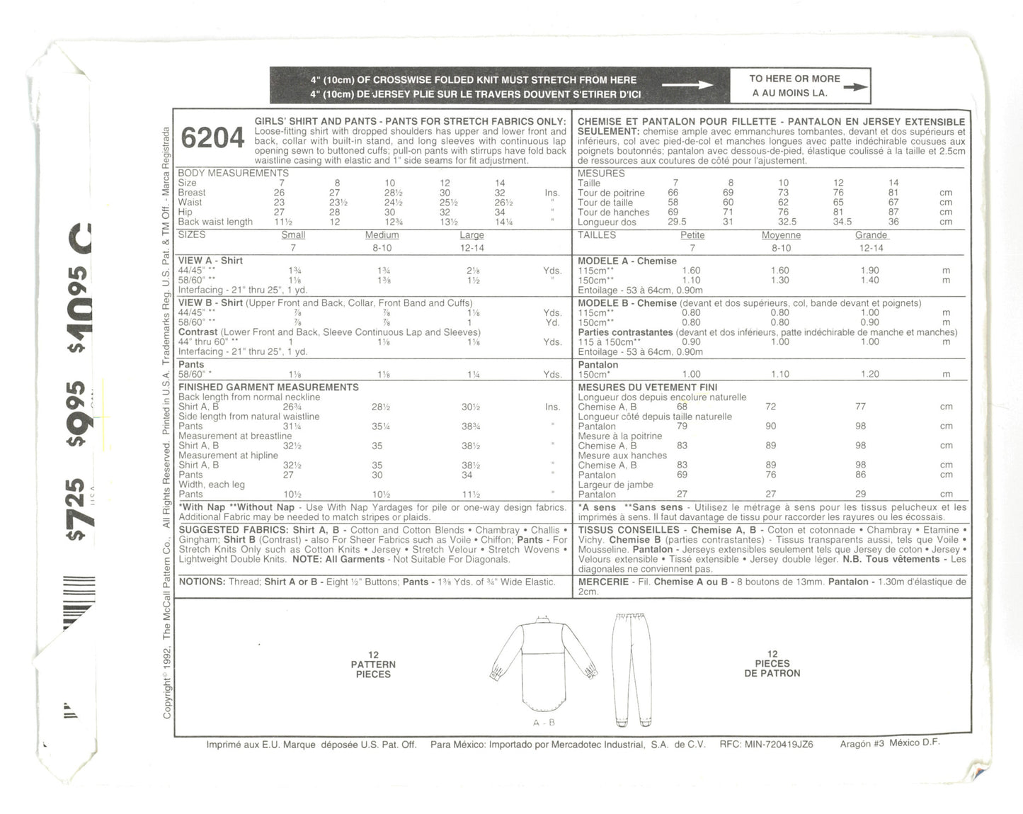 McCalls 6204 French Toast Girls Shirt and Pants Sewing Pattern - UNCUT - Size Large (12,14)